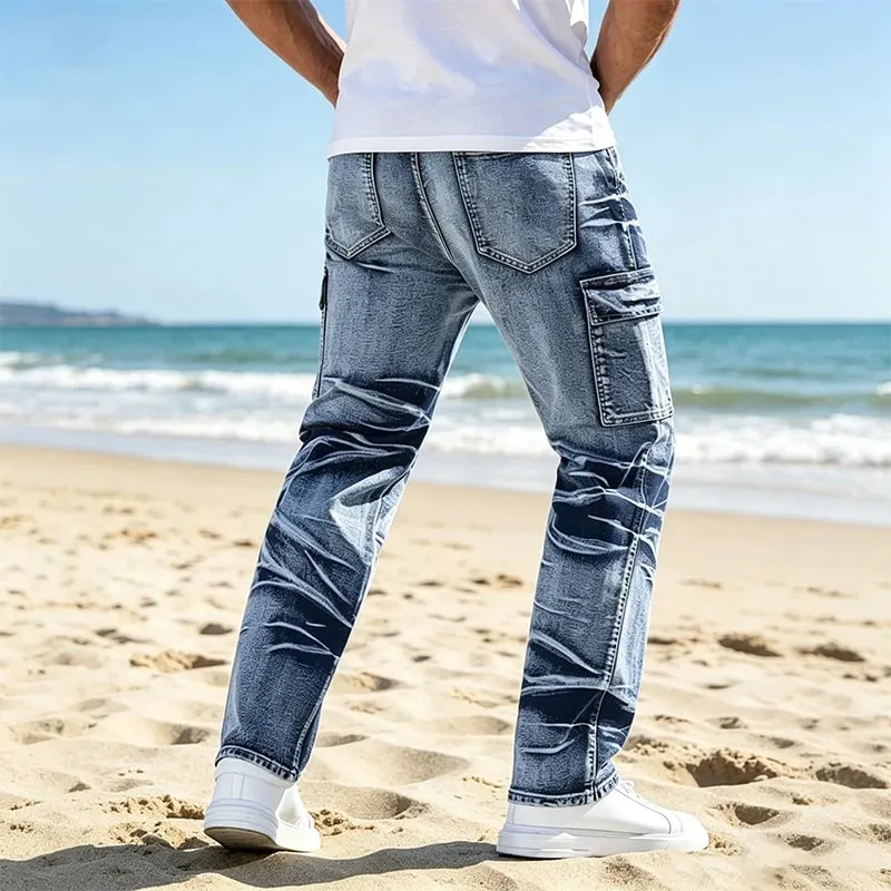 Men's Jeans Classic American Style Casual Multi Pocket Straight Leg Denim Man Pants All Season Fits