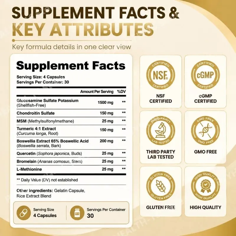 Joint Health Capsules with Glucosamine Sulfate Chondroitin Sulfate MSM Turmeric Boswellia Extract Mobility Support 120 Capsules