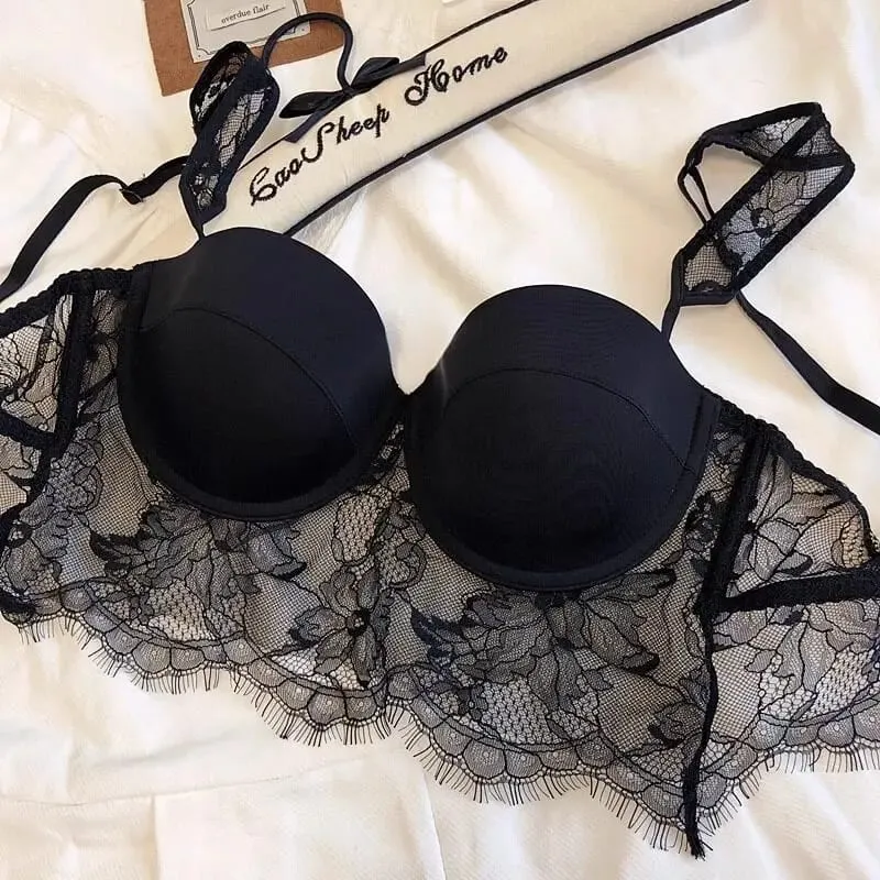 Women's Sexy See Through Lace Backless Lingerie Set Push Up Plunge Bra Wireless Soft Steel Ring Lightweight Comfort Summer S-XL