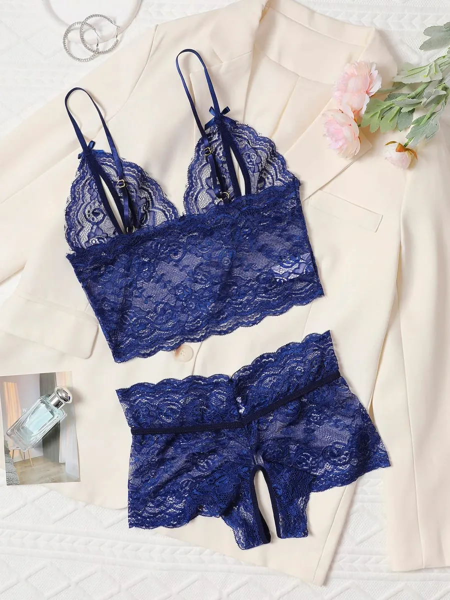 Open Bra 2 Pcs Women Lace See-Through Pajama Black Cute Clothes Comfortable Breathable Suspender Shorts Bra And Brief Set Hollow — image 6