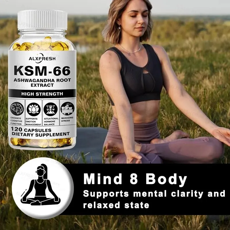 Natuurlijke organische Ashwagandha KSM-66 supplementencapsules voor stressverlichting Focus Hersenenergie Ondersteuning Slaapgezondheidssupplement