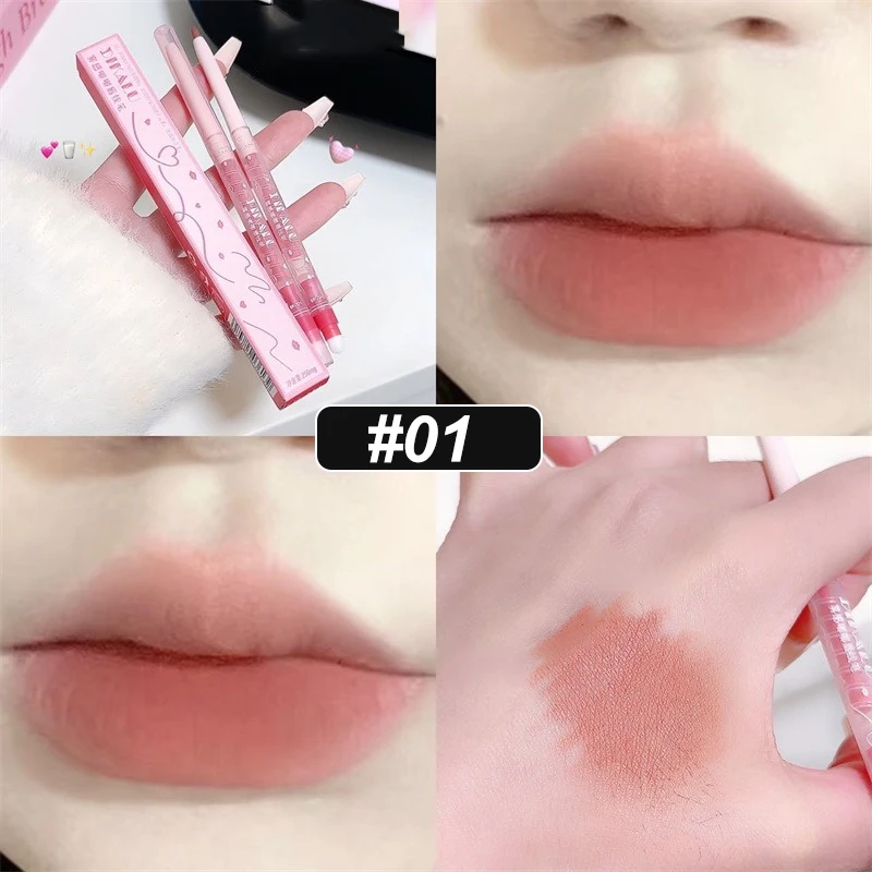 2 Color Matte Lipliner Pencil Nude Lip Liner with Lip Brush Waterproof Natural Peach Pink Lipstick Pencil Contour Lips Makeup