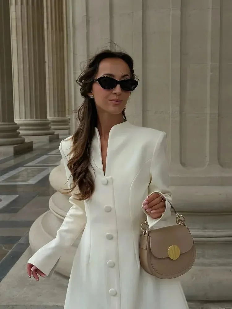 Solid Single-breasted A-lijn Mini-jurk 2026 Elegante vrouwen V-kraag Volledige mouw Hoge Taille Vestidos Lady Pendelen Straat jassen
