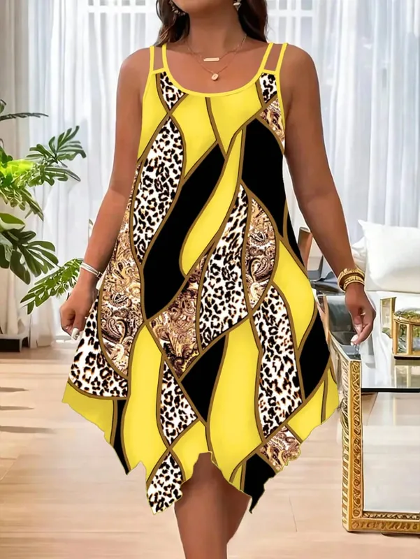 Plus-size women's fashion asymmetrical geometric stripes printed double strap dress