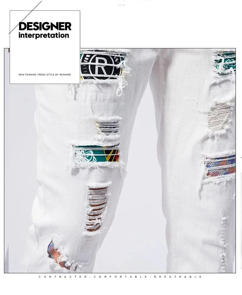 Witte 97% katoenen jeans herenkleding nieuwe gescheurde slanke patchwork mode gat skinny elasticiteit denim broek mannelijke streetwear — image 9