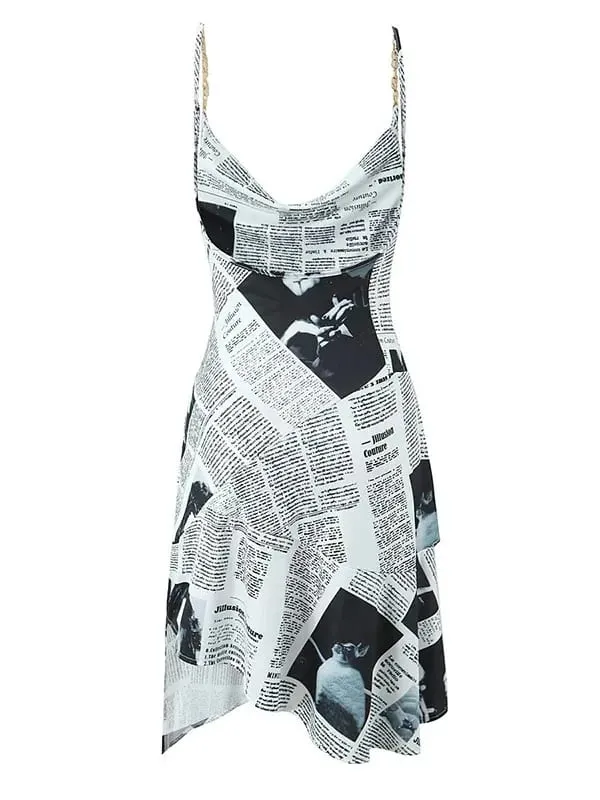 New Women Newspaper Letter Print Irregular Hem Sling Dresses Fashion Backless Thin Straps With Chain Summer Sexy Dress KJH2