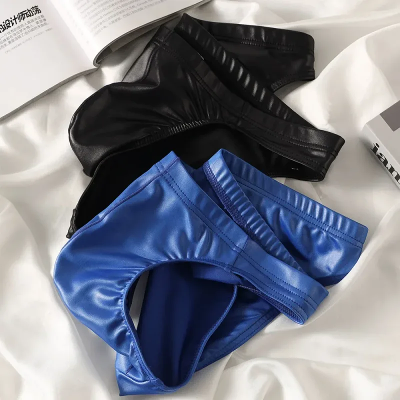 Sexy Briefs Underwear Men Faux Leather Sexy Underwear Briefs Low Waist Bulge Pouch Lingerie Panties Underpant Triangle Pants