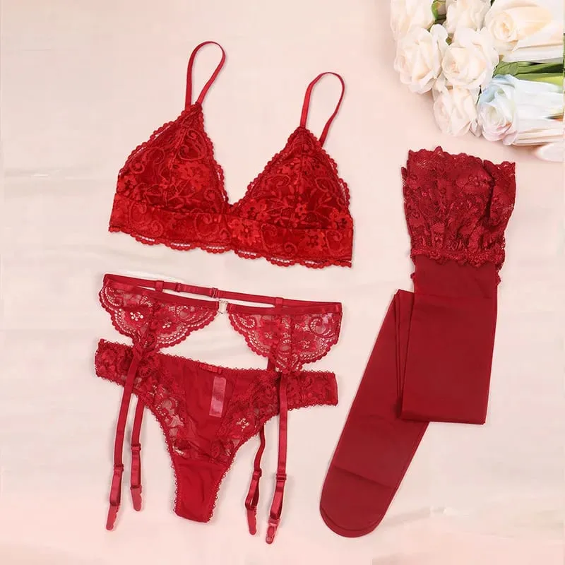 New Lace Bra Sets for Women Summer Underwear Non-padded Bra Panty Garter Stockings Lingerie Sexy
