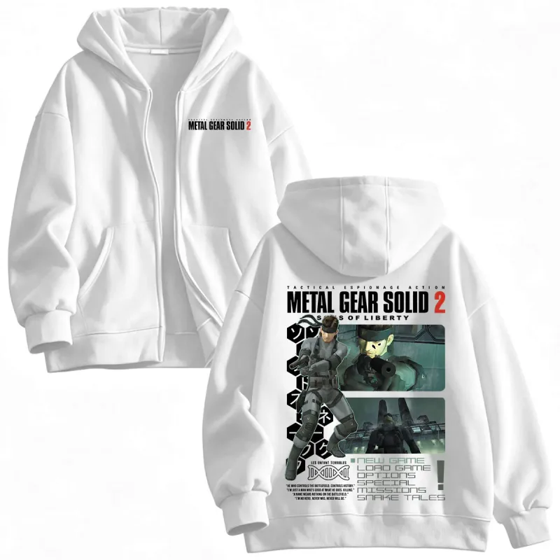 Metal Gear Solid 2 Sons of Liberty MGS2 Solid Snake Game Zipper Hoodies Men Women Fleece Zip Up Hooded Sweatshirts Jackets Coats