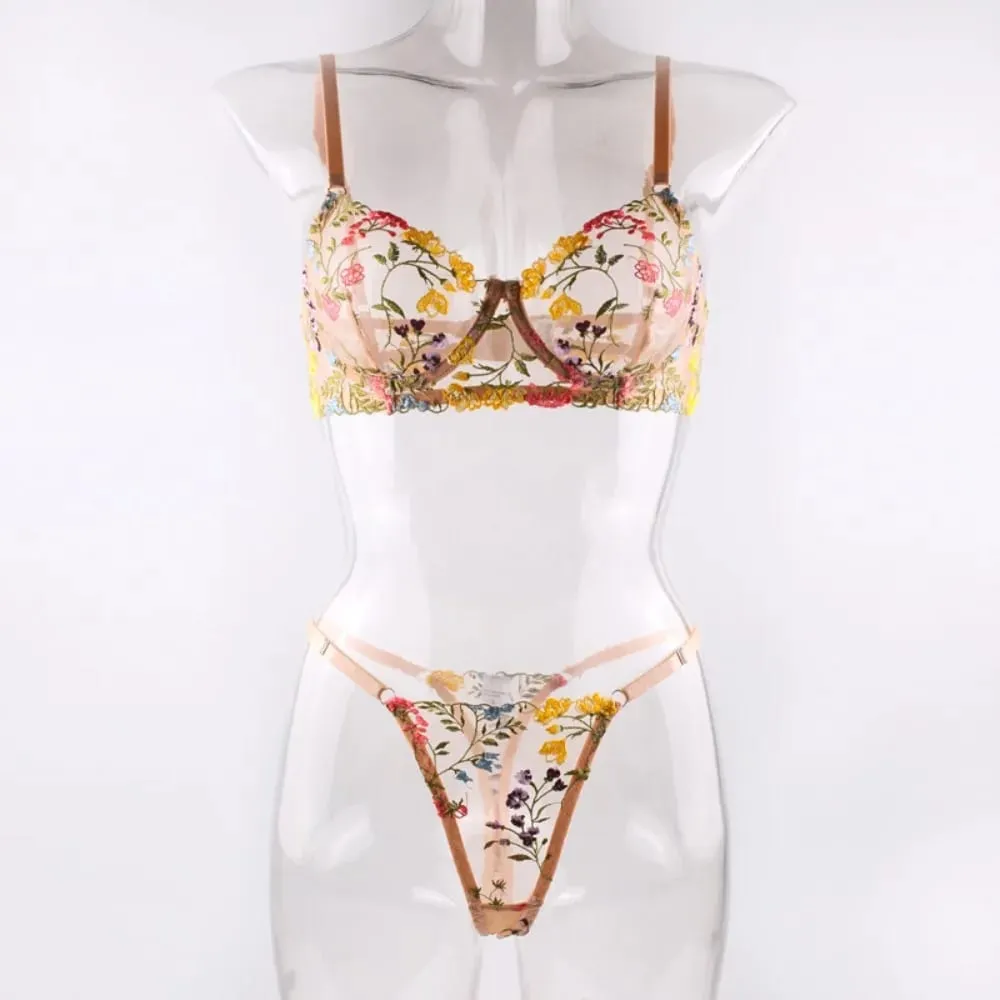 2-Piece Floral Lingerie Set Embroidery Sheer Underwear Intimates Versatile Underwire Push-up Bra Panty Set For Lady Girl
