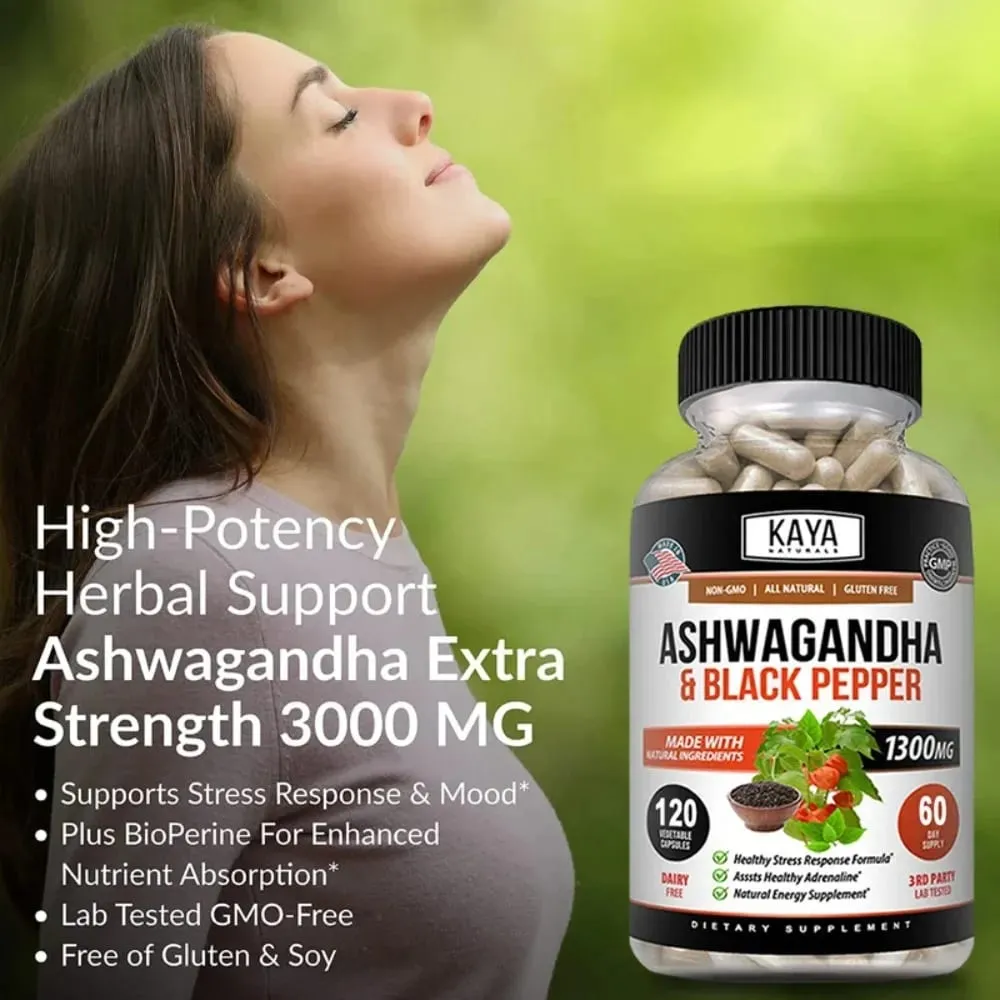 Organic Ashwagandha 1300mg 120 Count Capsules for Stress Relief Anti-Anxiety Mood Support Brain Health