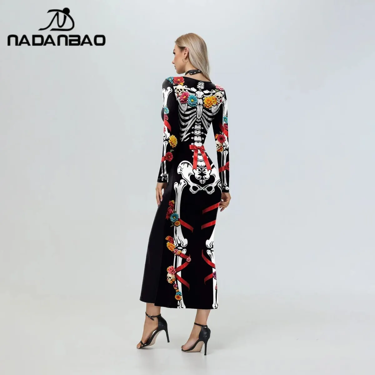 Nadanbao Women Floral Skull Print Dress Gothic Black Long Sleeve Dresses Sexy Slim Party Dress Day of the Dead Cosplay Costumes
