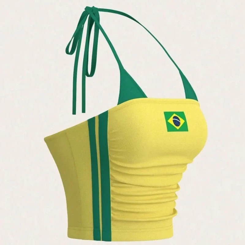 Women Brazil Flag Print Halter Crop Top Color Block Stripe Sleeveless Slim Y2K Summer Streetwear Going Out Sports Cami Tank Top
