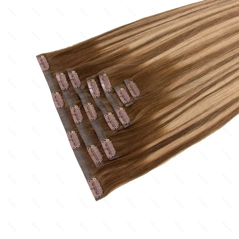 PU Clip Ins Human Hair Premium Remy Clip In Extension Sa Tape Weft Silk Straight European Real Natural na Buhok 14-24inch 7pcs 110G