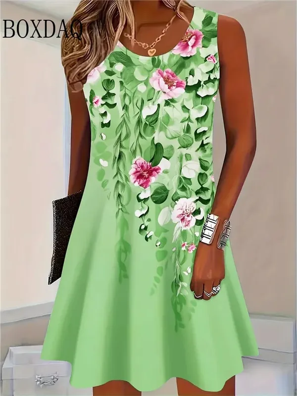 Women's Casual Floral Print Summer Dresses Sleeveless Round Neck Dress Sundress Beach Vacation Dress Y2k Ladies Loose Clothes
