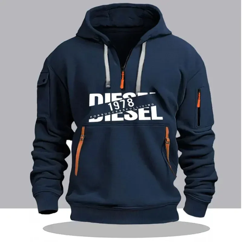 Men Casual Hooded Collar Drawstring Hoodies Sweatshirts Long Sleeve Shirts Outdoor Streetwear Lightweight Zipper Design Pullover