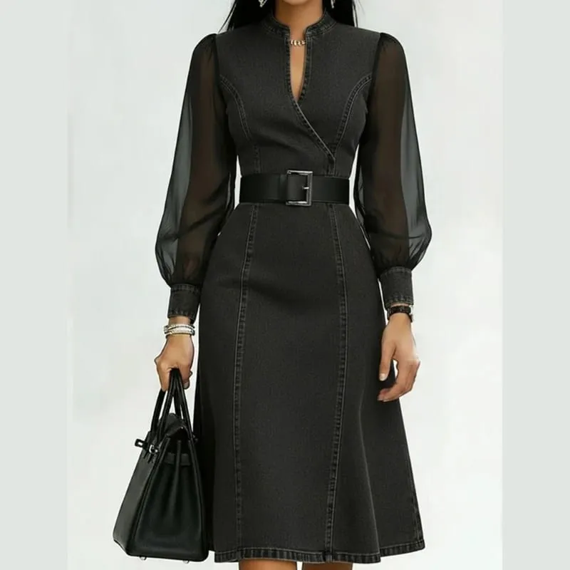 2026 Summer V Neck Waist Long Sleeve Dress for Women Lightweight Polyester Casual A Line Dresses Elegant Flattering Fit