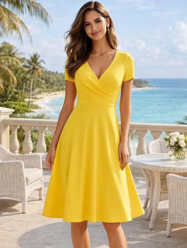 Abito da donna elegante girocollo estivo manica corta tinta unita linea A al ginocchio abito a vita alta spavaldo matrimonio festa partenza casual