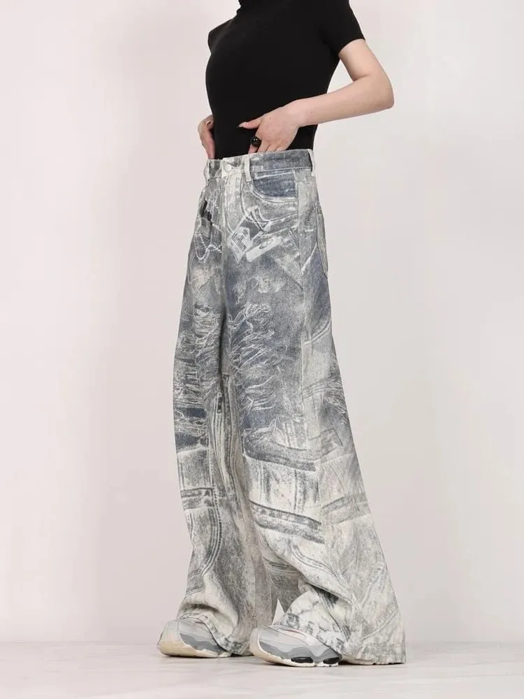 Mens Jeans Harajuku Y2K Streetwear Gothic Print Baggy Wide Leg Denim Pants Vintage Washed Straight Fit Grunge Punk Fashion Trend
