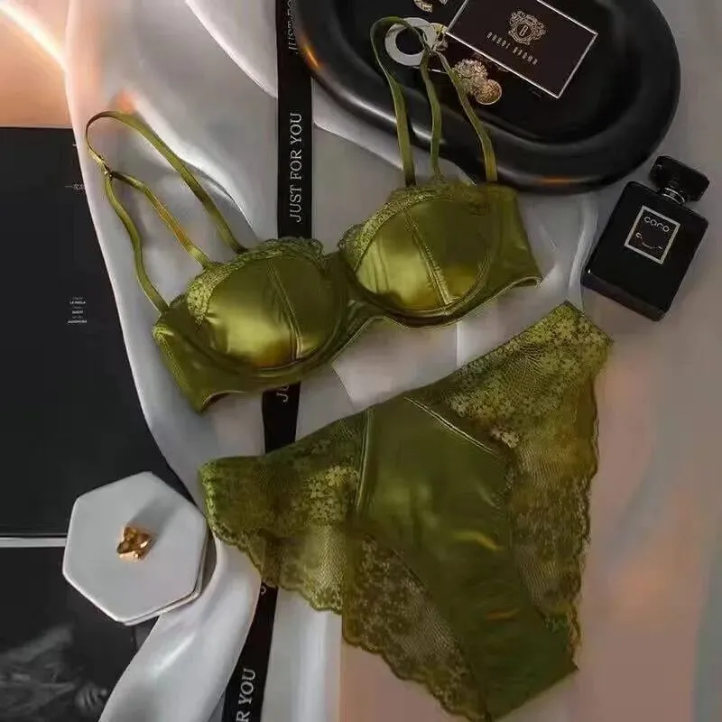 Sexy Satin Half Cup Push Up Bra Set Underwire Thin Smooth Green Lace Trim Comfort Luxury Lingerie for Women 32-38 Hot Sale S-XL