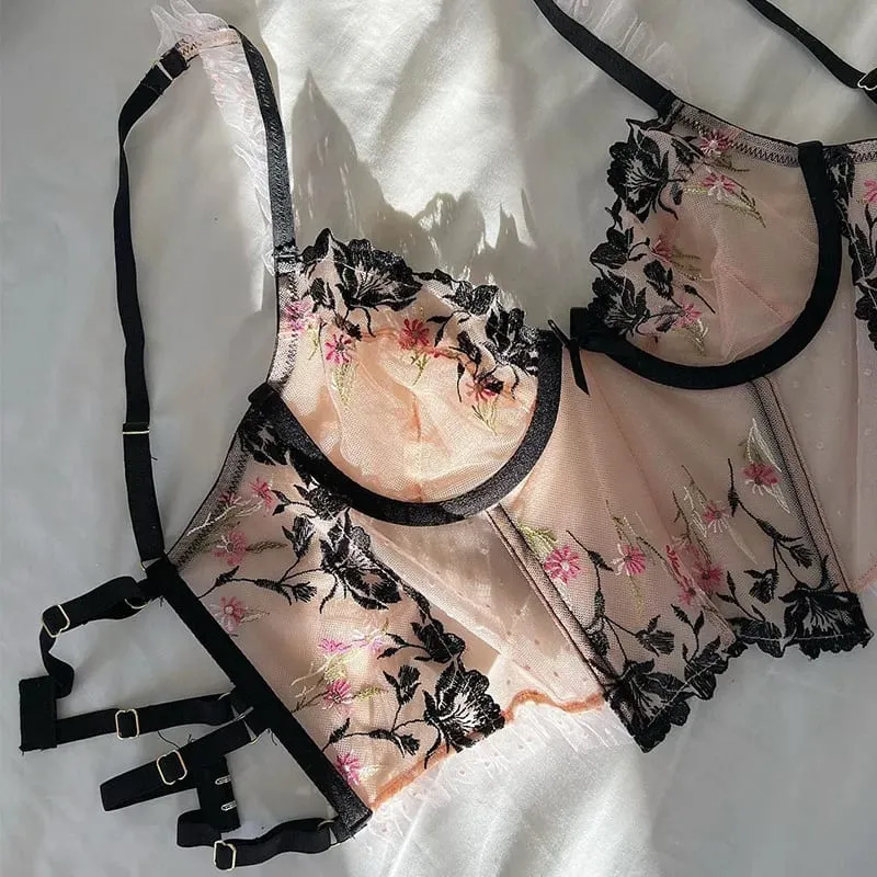Clashing Sexy Flower Embroidery Εσώρουχα Γυναικεία Σετ Γυναικεία Σουτιέν Push up με σώβρακο Γυναικείο κοστούμι