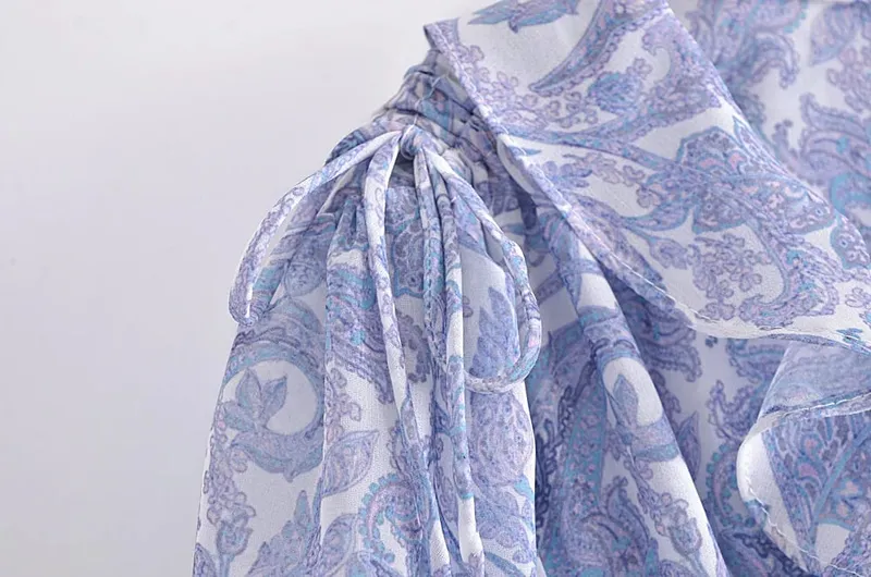 Blue Floral Print Chiffon Mini Dress Women Wood Ears Ruffles V Neck Open Buttons Slim Ruched Waist Long Sleeve Holiday Robe — image 6