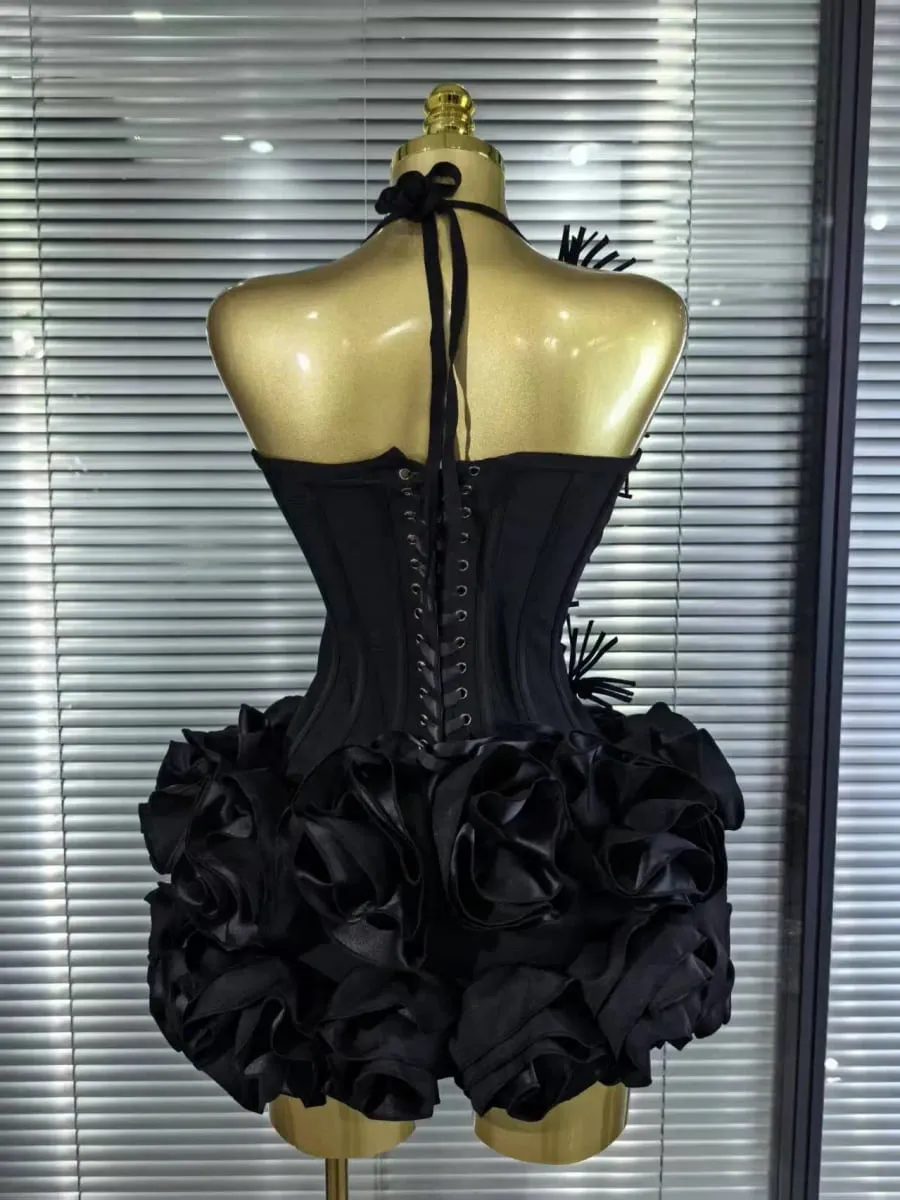 Women Sexy Halter Full Florals 2 Pieces Bodycon Mini Bandage Dress Celebrate Nightclub Party Birthday Outfit