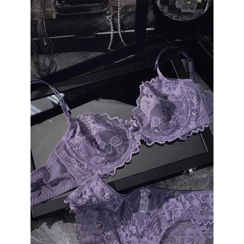 Chic French Ultra-thin Lace Lingerie Set Large Breasts See-through Underwire Bra small Bust Lift Elegant Soft Feminine Set S-xl
