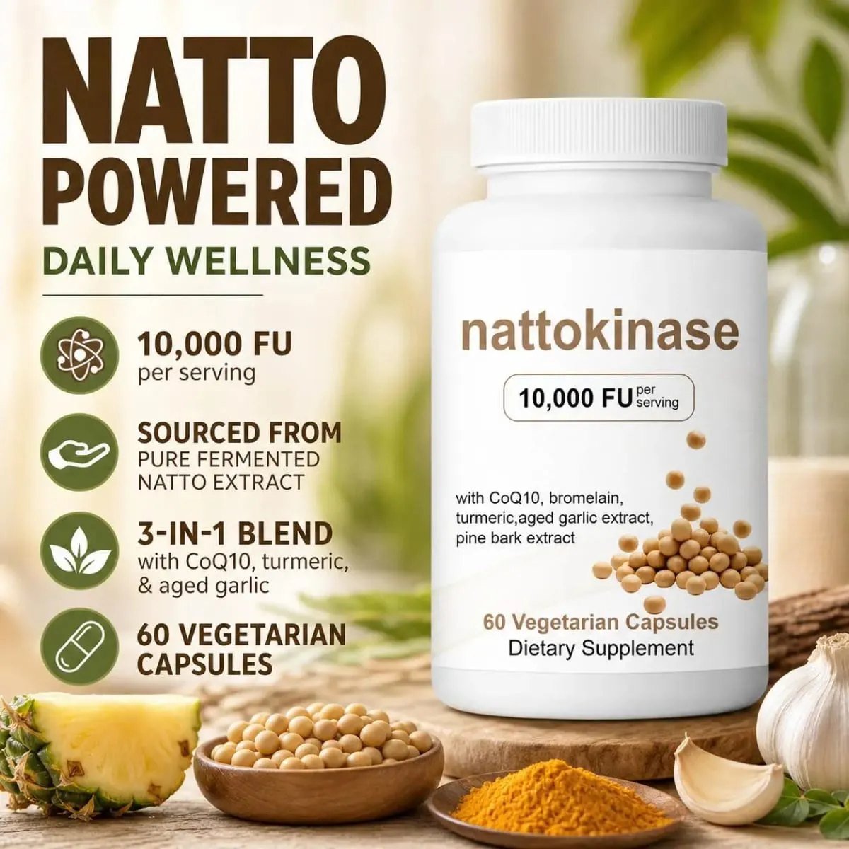 Nattokinase 10000 FU Per Serving Supports Heart Health Cardiovascular Blood Flow CoQ10 Bromelain Turmeric 60 Veggie Caps — image 2