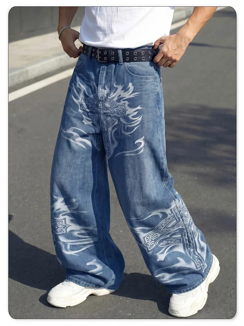 Men's Y2K Gothic Graffiti Print Baggy Ultra Wide Leg Jeans Hip Hop Streetwear Loose Casual Skater Denim Pants Unisex