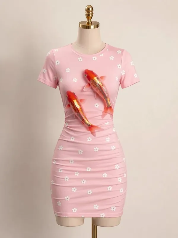 Womens Short Sleeve Bodycon Mini Dress Slim Fit Crew Neck Floral Print Casual Summer Party Cute Elegant Summer Vacation Sundress