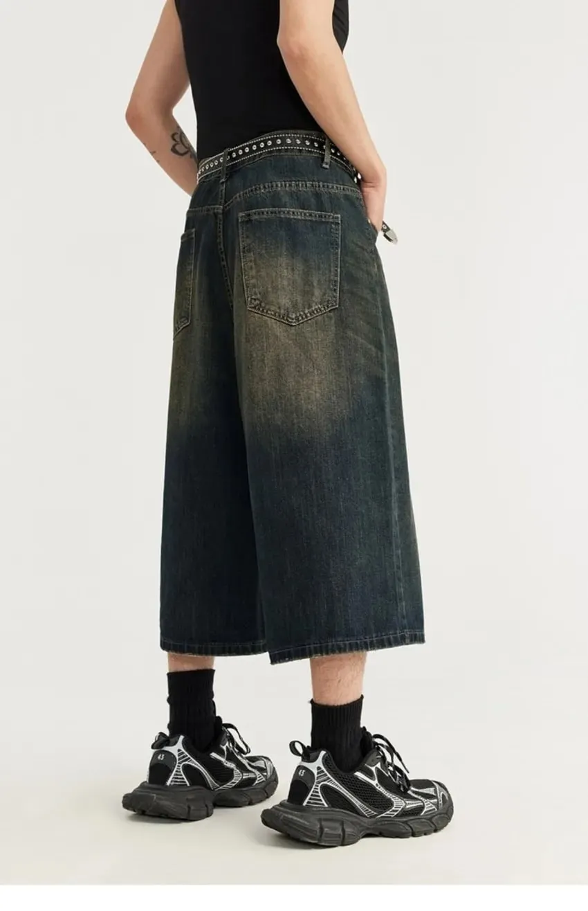 Men Vintage Washed Denim Shorts Loose Wide Leg Retro Nostalgic Tone Summer Streetwear Vintage Cropped Jeans
