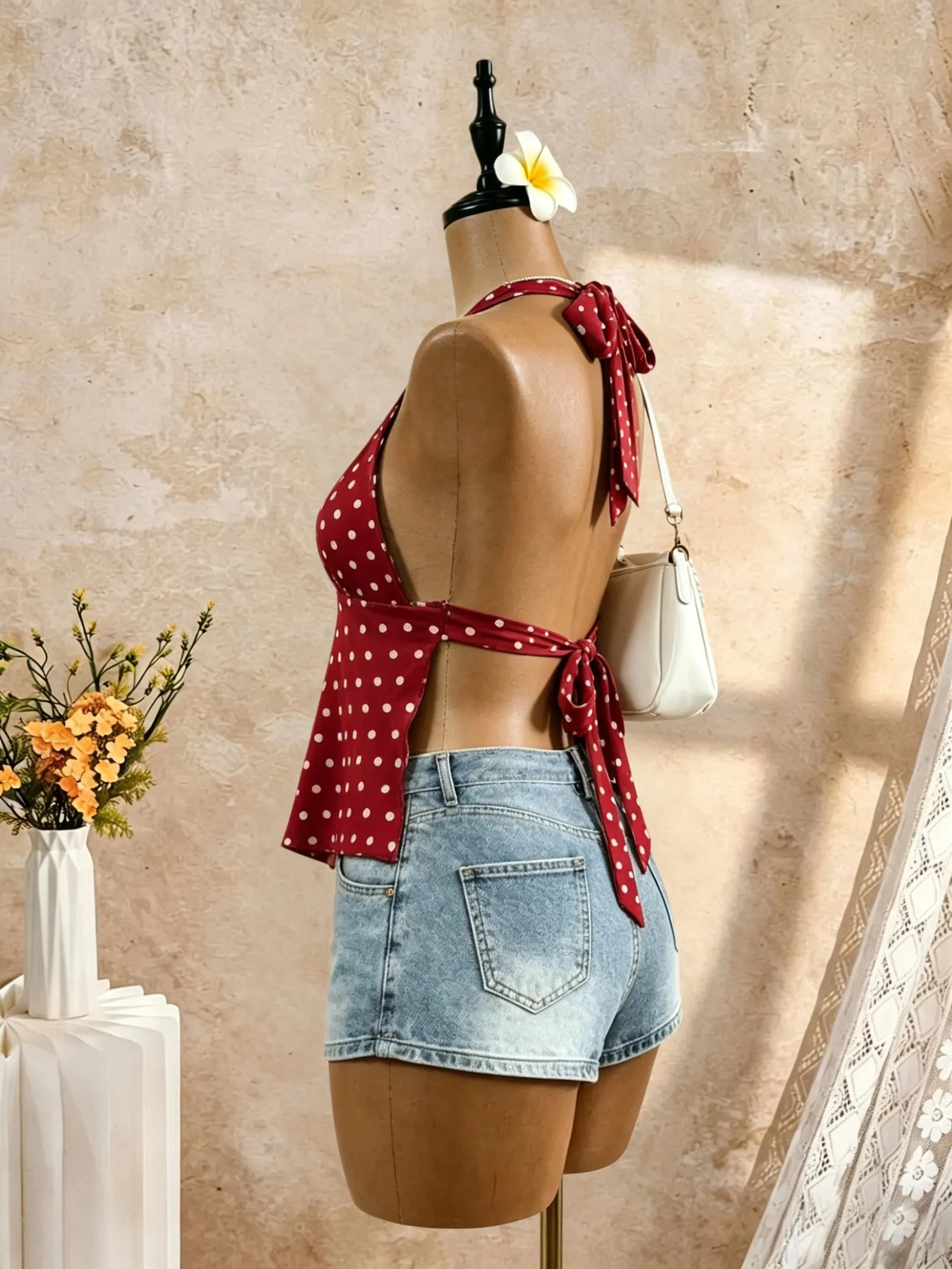 Women Halter Deep V Neck Polka Dot Back Tie Bow Peplum Cami Top 2026 Summer Y2K Red Retro Satin Open Back Flared Sleeveless Swin