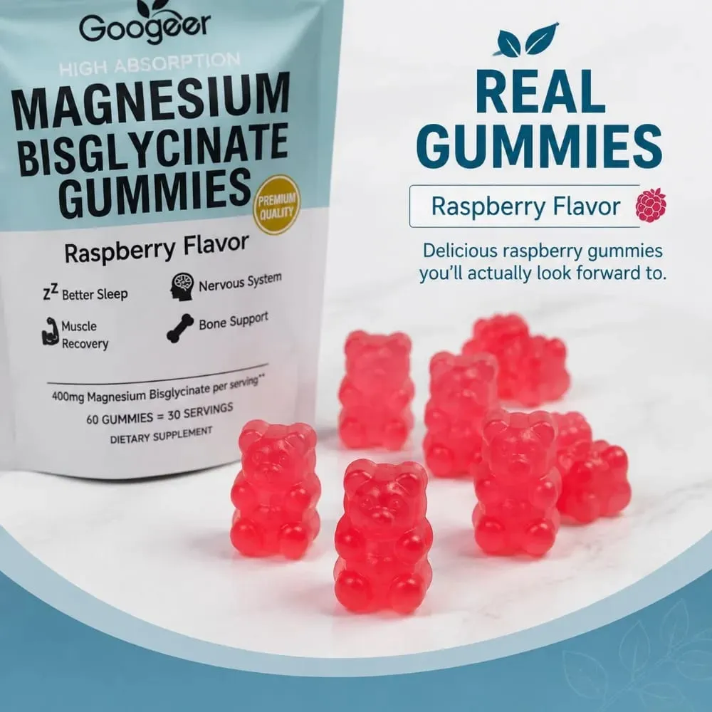 Magnesium Bisglycinate Gummies 400mg High Absorption for Sleep Muscle Recovery & Bone Support with D3 & Zinc Raspberry 60 Ct