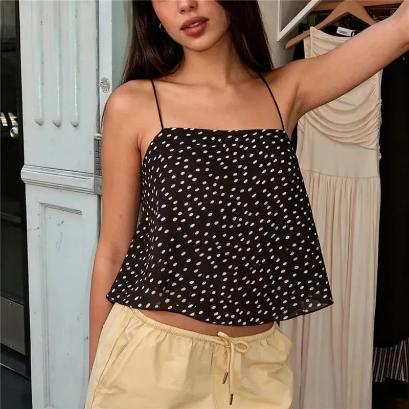 Women Polka Dot Chiffon Cami Top Spaghetti Strap Crisscross Tie Backless Asymmetric Hanky Hem Cropped Camisole Summer Tank Top