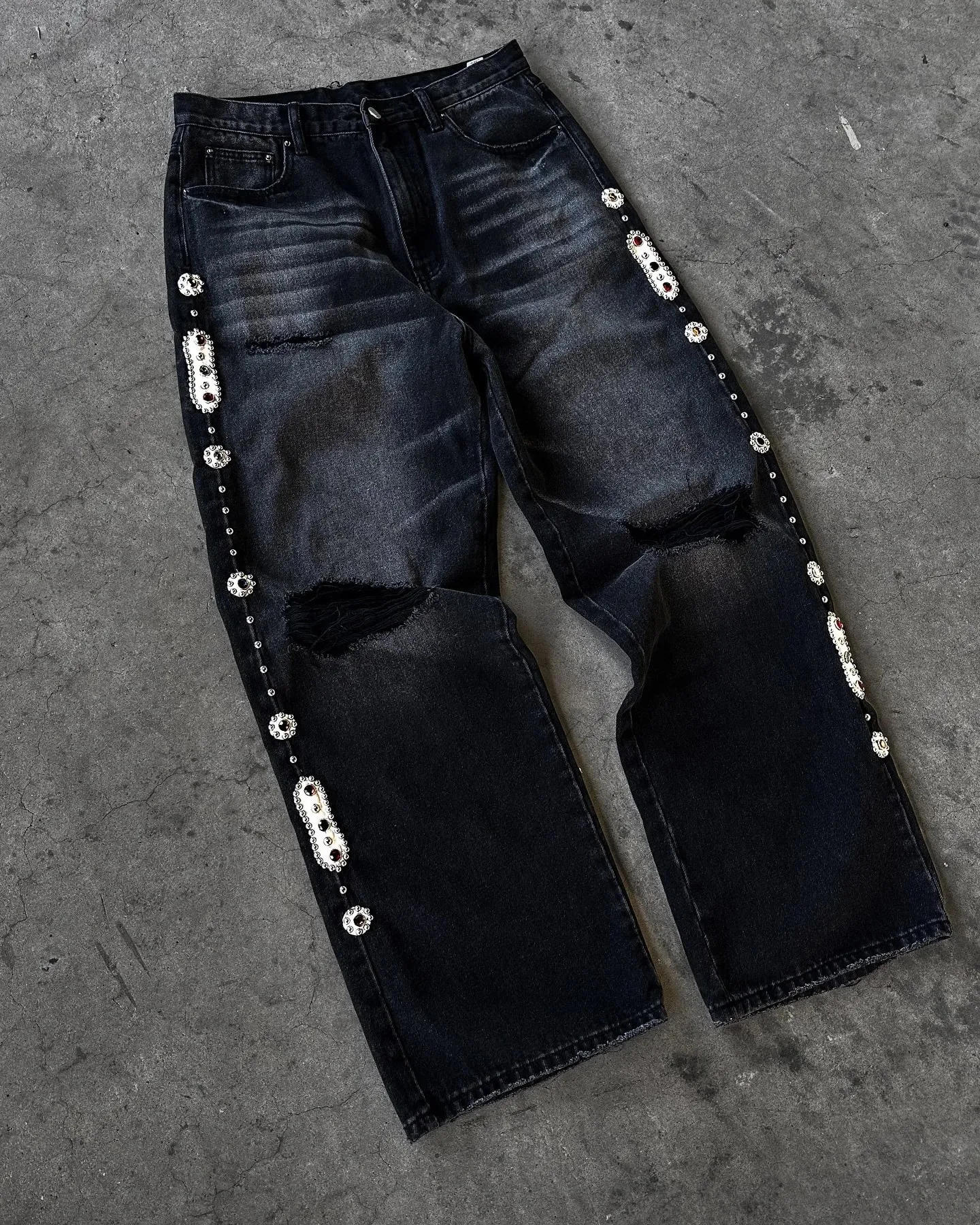 Mens Jeans Punk Vintage Streetwear Black Wide Leg Denim Pants Rhinestone Pearl Decor Ripped Distressed Loose Fit Y2K Fashion — image 8