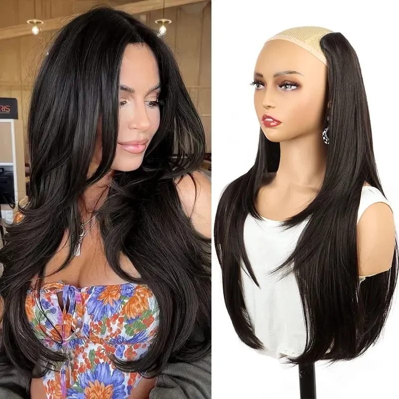 22Inch Synthetic Long Straight V-Shaped Layered Clip-In Hair Extensions for Women Invisible Seamless Hairpiece for Women