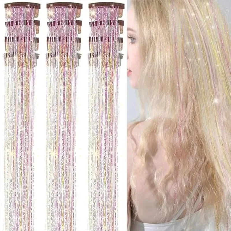 12Pcs Clip in Hair Tinsel Kit Red Hair Tinsel 22Inch Tinsel Hair Extensions Christmas Hair Tinsel Party Festival Accessories