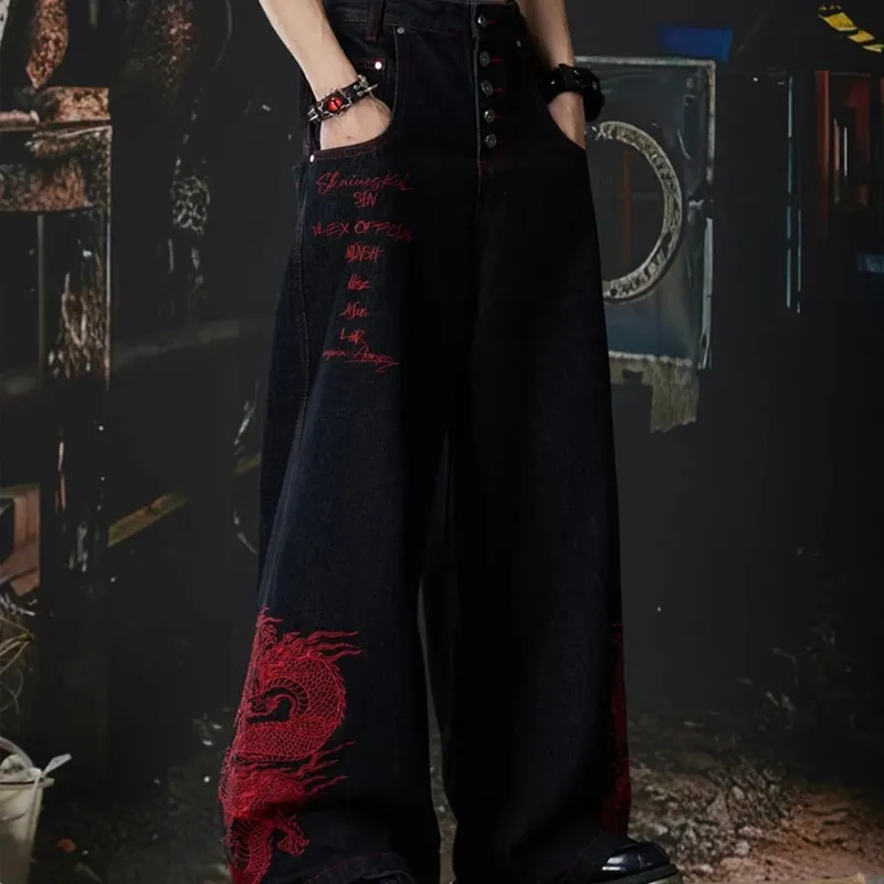 2026 New Side Red Dragon Embroidery Baggy Jeans For Men Y2K Streetwear Punk Fashion Denim Pantalones American Retro Hip Hop Jean