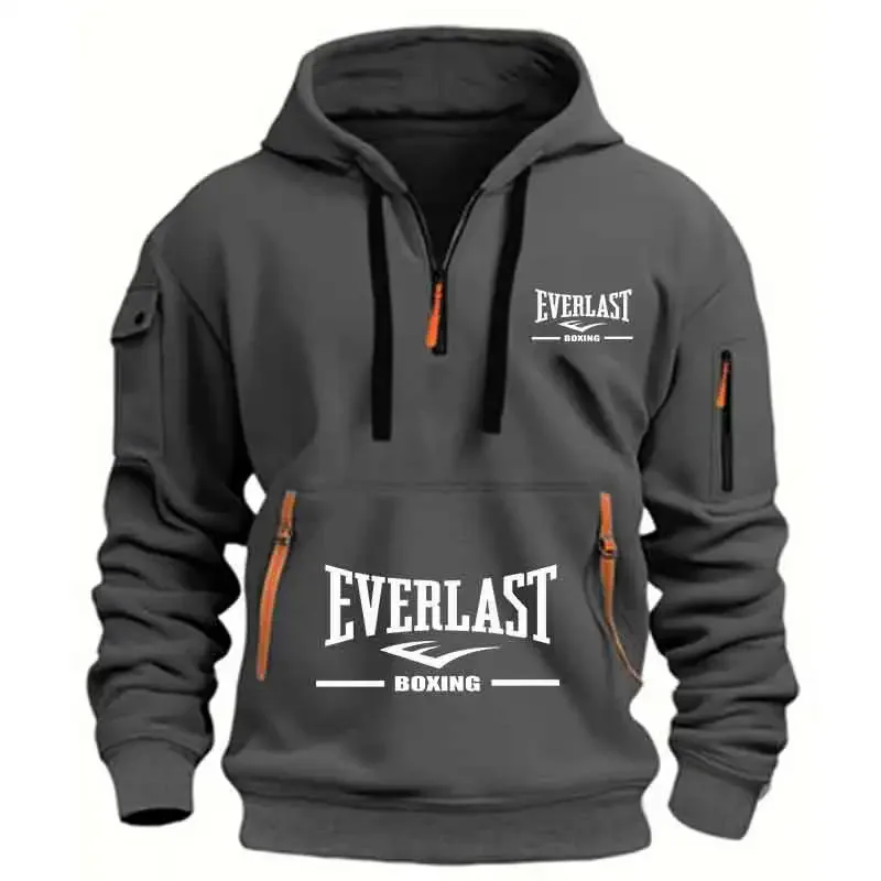 Men's Fashion Casual Hoodie Multi-pocket Sports Long-sleeve Sweatshirt Up Down Print Warm Half Zip Hooded Fitness Pullover Good