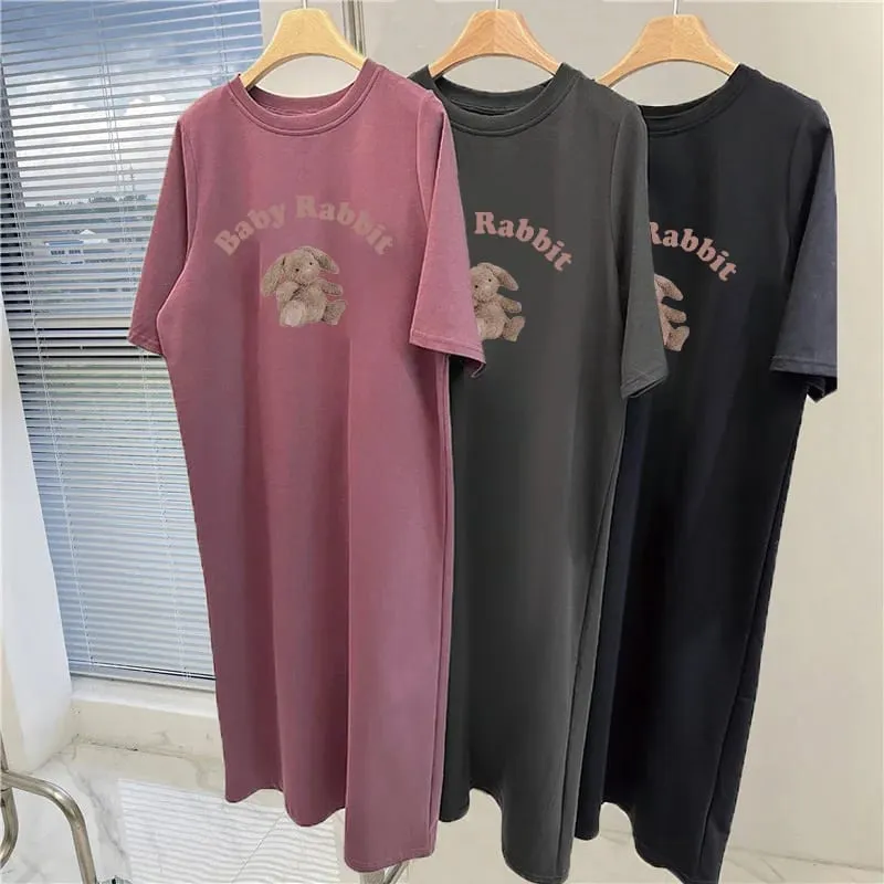 Kawaii Cartoon Rabbit Printed Long Tee Dress Women Loose Short Sleeve Nightdress Soft Breathable Daily Home Wear Pajama Dress