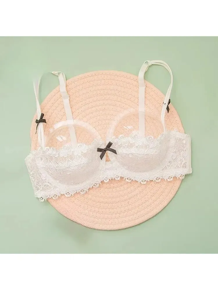 Sexy Lace Bra Set Women Plus Size Sheer Half Cup Push Up Lingerie Ultra Thin Transparent Concealed Nipple Underwear Hot