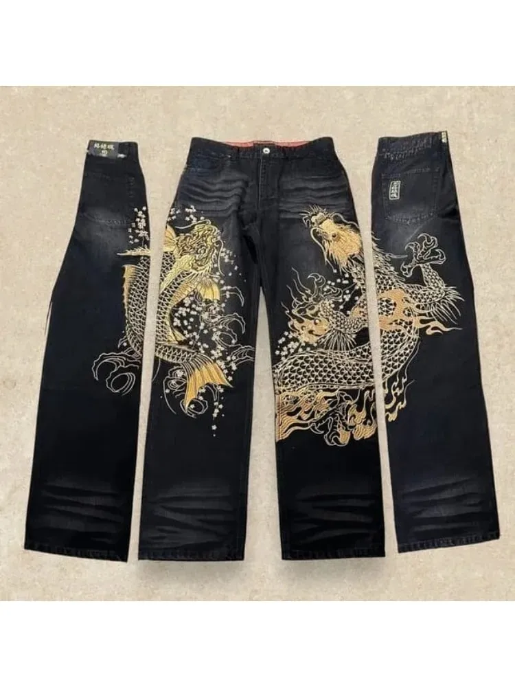 Vintage Japanese Selvedge Jeans Man Y2K High-end Brand Natural Indigo Dip Dyeing Harajuku Mopping Pants