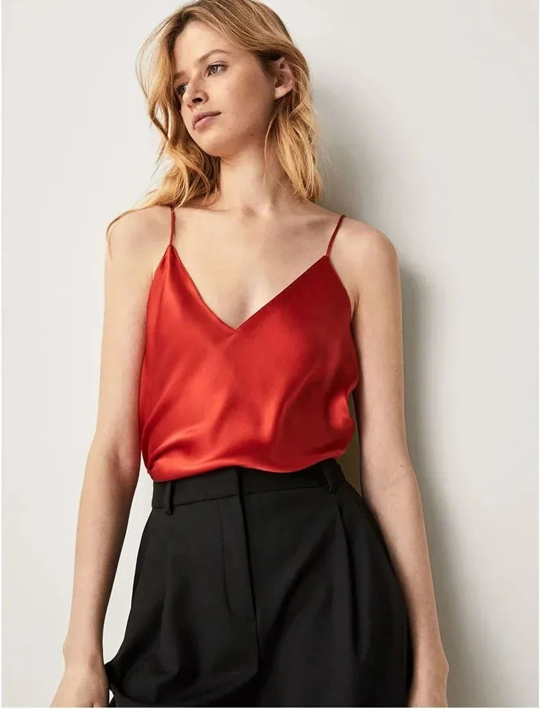2026 Sleeveless Satin Silk Tank Tops Strap Top Women Halter V Neck Basic White Cami Women'S Summer Camisole