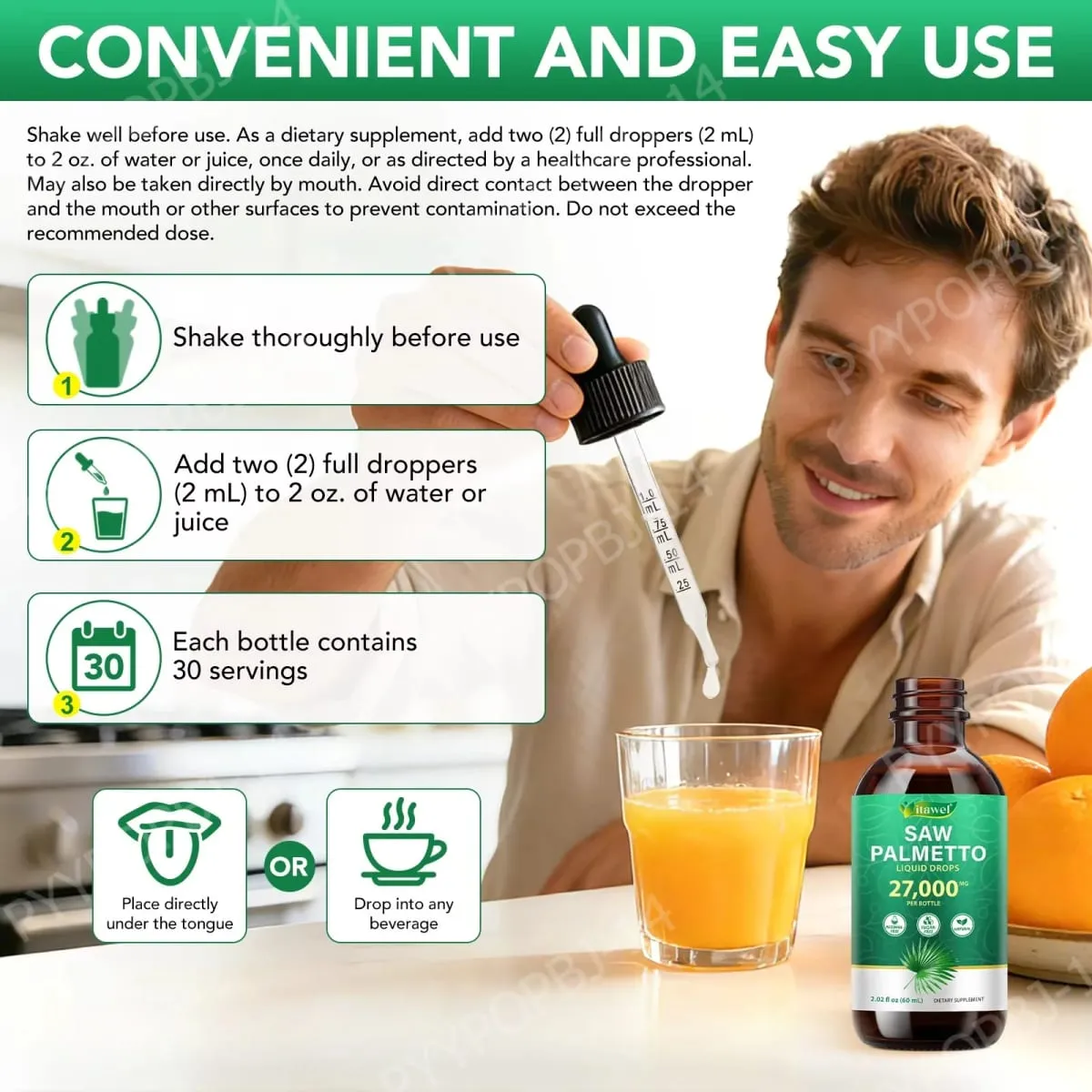 Itawel Saw Palmetto Liquid Drops Prostate Health Support Urinary Function Support GMO Free Paraben Free Sugar Free Vegan 60 ML