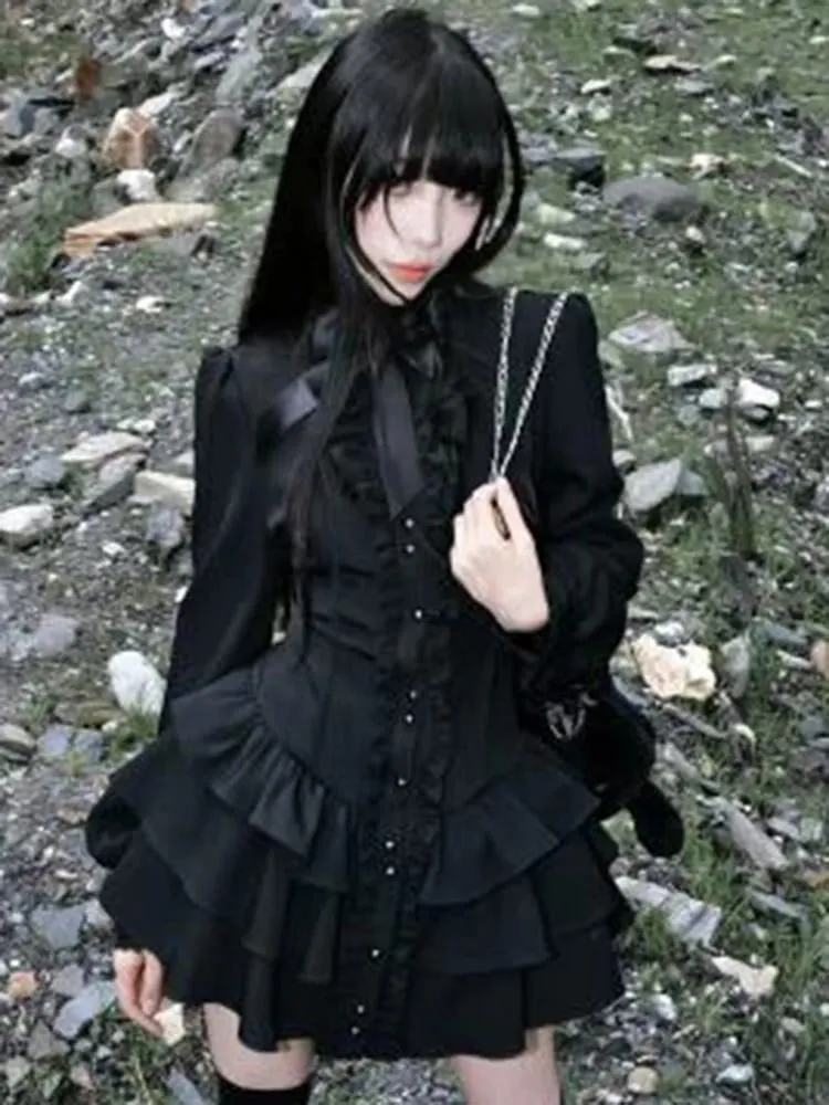 Aoaiiys Mini Dress Women Black Gothic Lace Spliced Dresses Y2K Japanese Streetwear Lolita Dresses Spicy Girls Fall Clothes New