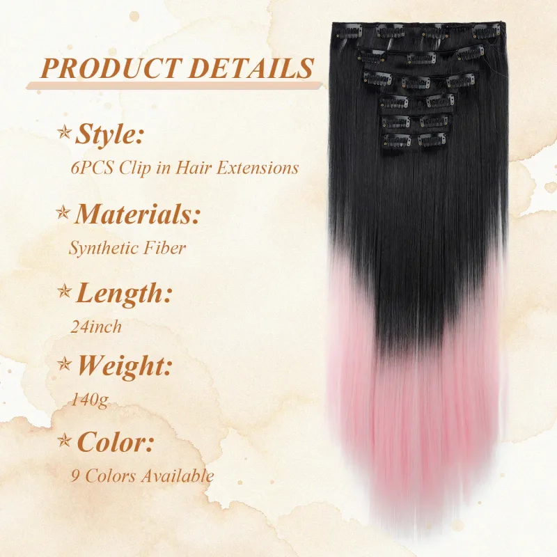 6 ชิ้น 24 นิ้วสี Ombre คลิปต่อผมยาวสังเคราะห์ตรง Hairpieces Layered นุ่มคลิปที่มองไม่เห็น Ins Extensions