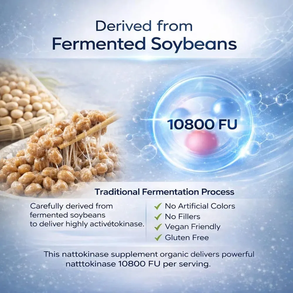 Nattokinase 10800 FU 540mg Fibrinolytic Enzyme Supplement Vegan Non GMO Gluten Free Dietary Supplement 60 Capsules Daily Support