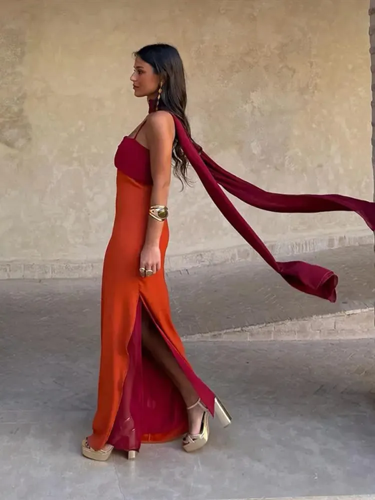 Women Dress Color Blocking Maxi Sleeveless Dresses Scarf Slimming Side Slit Long Dress Elegant Beach Vacation Party Outfit Lady