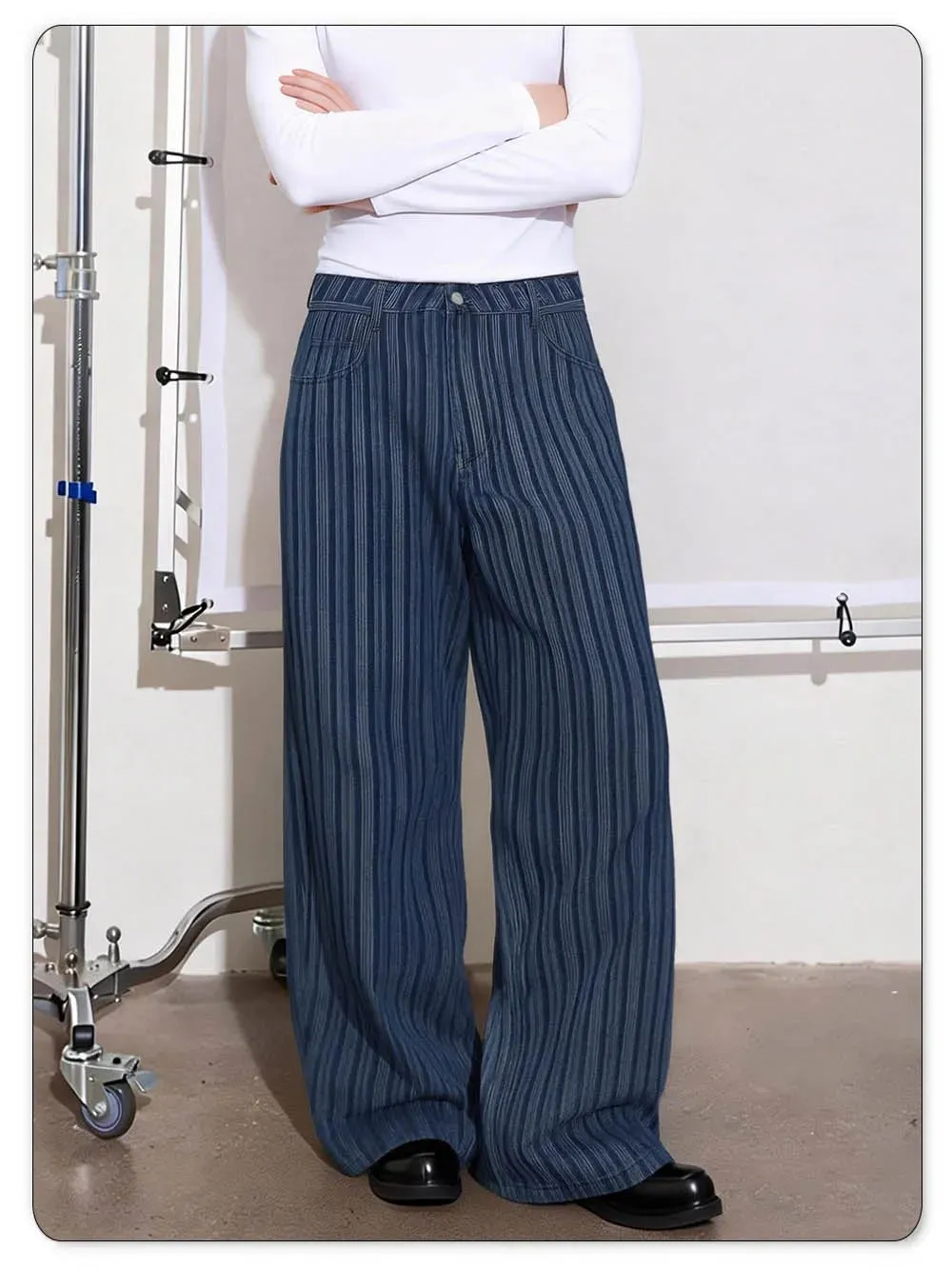 Japanese Korean Style Wavy Stripe Jacquard Fabric Baggy Wide-leg Jeans American Retro Style Business Casual Denim Pants